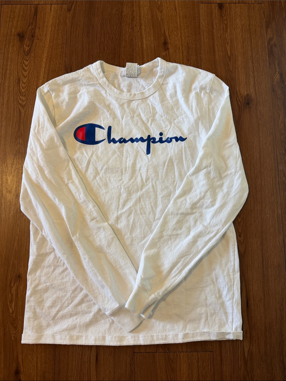 Champion White Long Sleeve Shirt with Blue and Red Logo